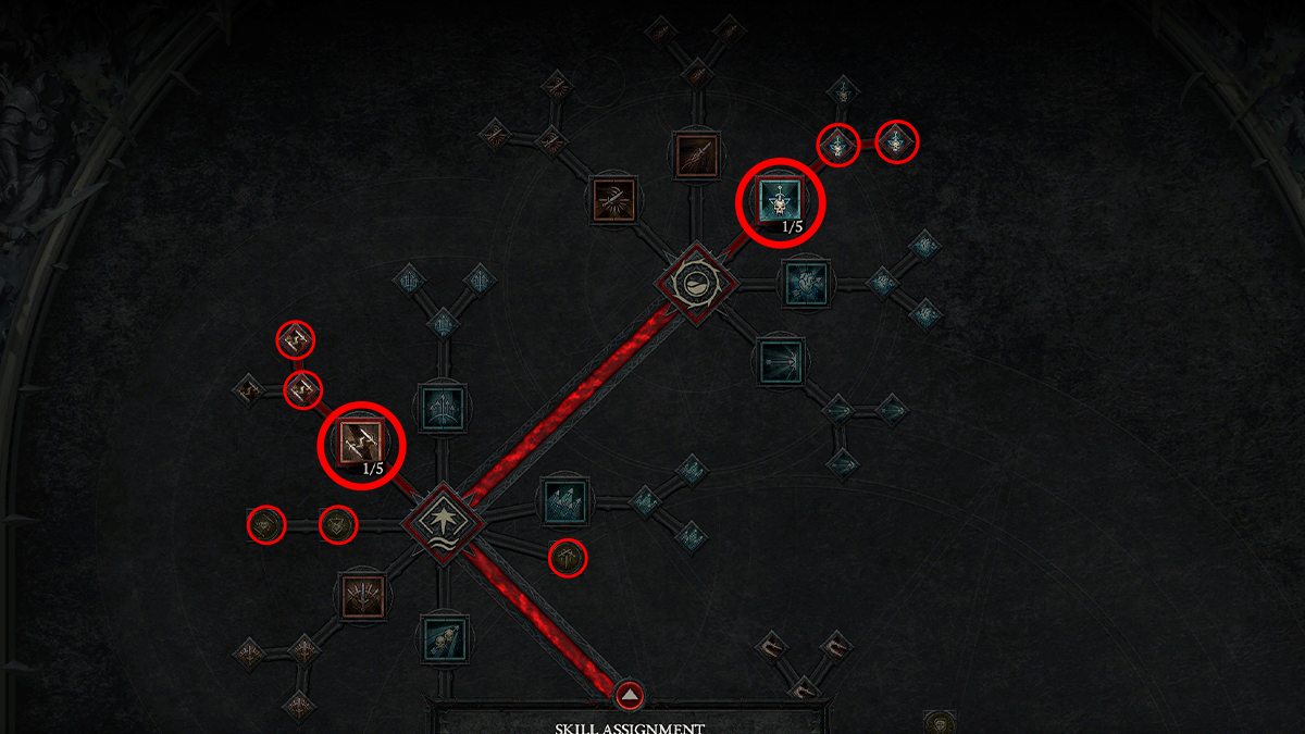 A screenshot of the tier 1 Rogue skill tree in Diablo 4.