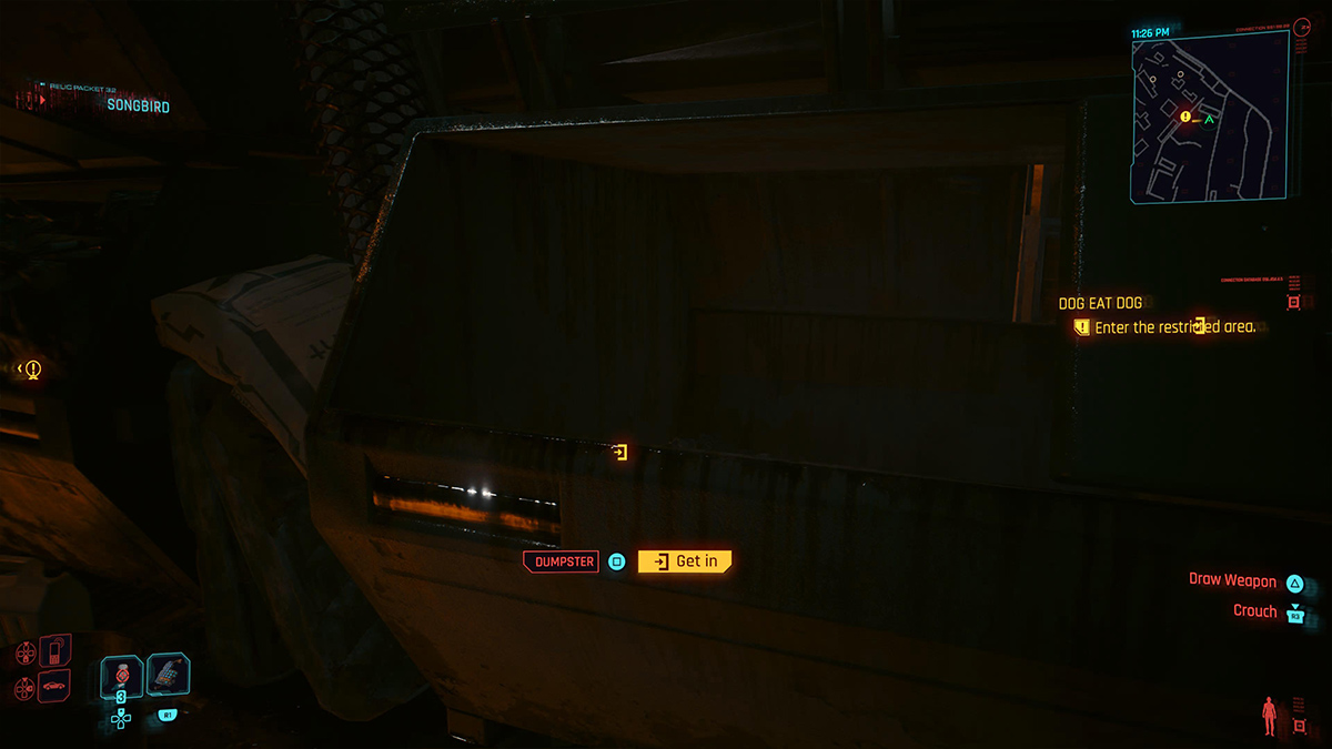 Screenshot of the Dog Eat Dog quest dumpster zoomed in Cyberpunk 2077 Phantom Liberty DLC