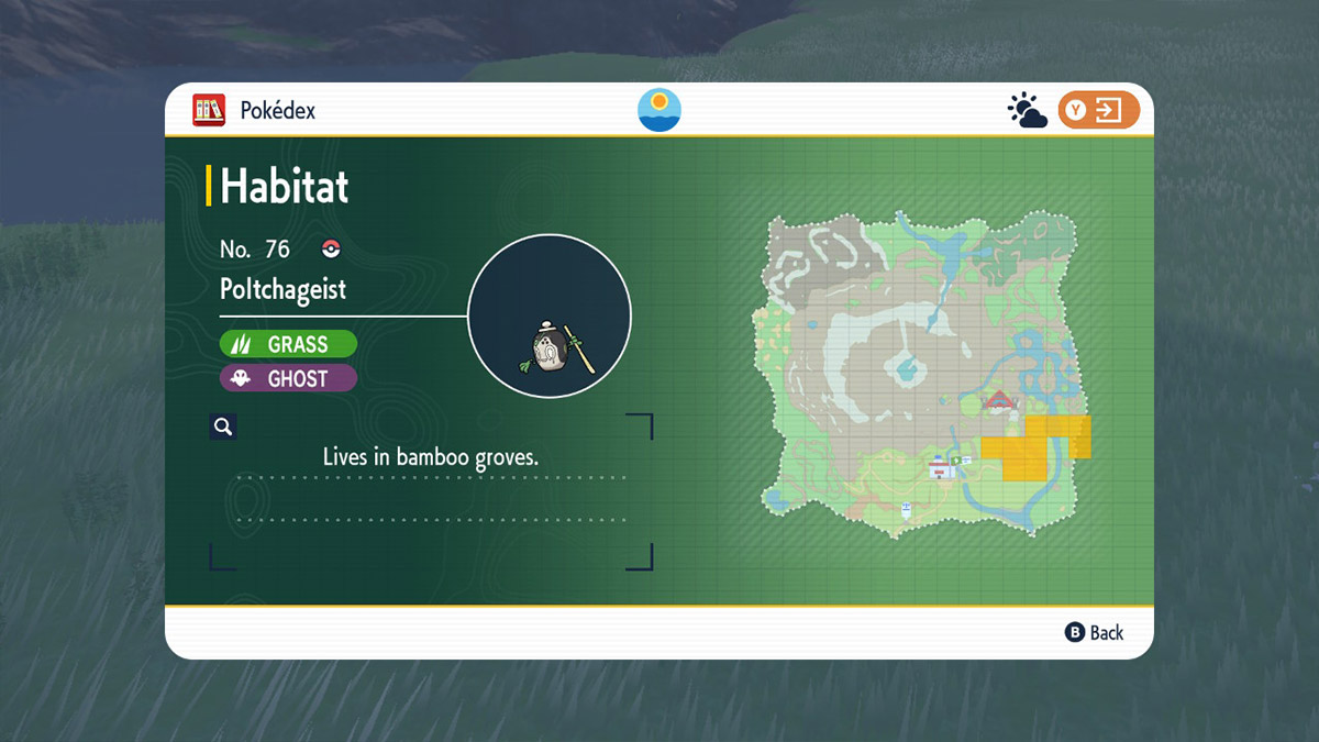 Screenshot of Poltchageist habitat locations in Pokemon Scarlet and Violet The Teal Mask.