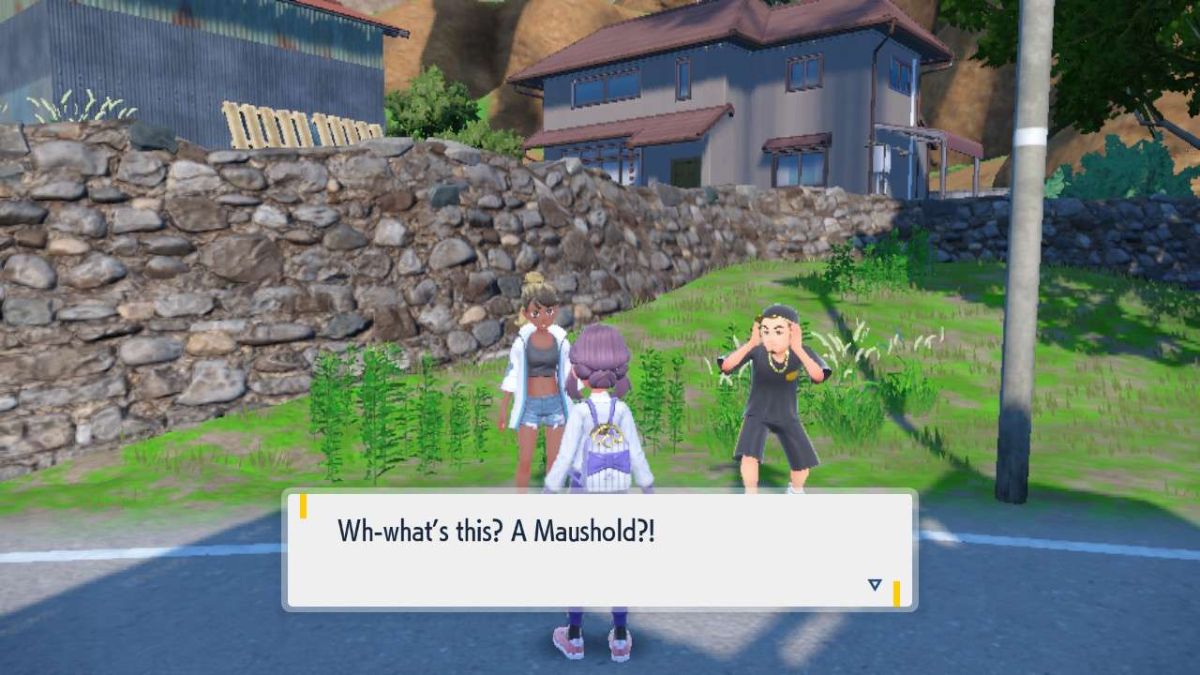 Screenshot of showing the lovey-dovey couple Maushold in Pokemon Scarlet and Violet The Teal Mask DLC.