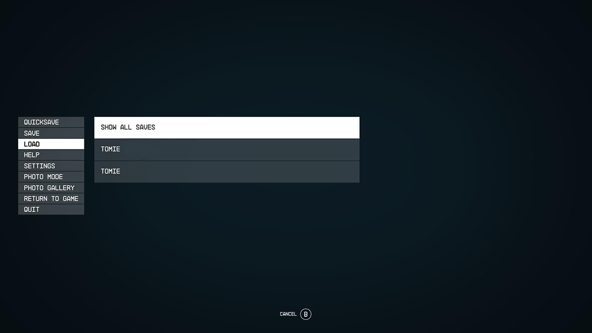 Screenshot of load all saves in Starfield.