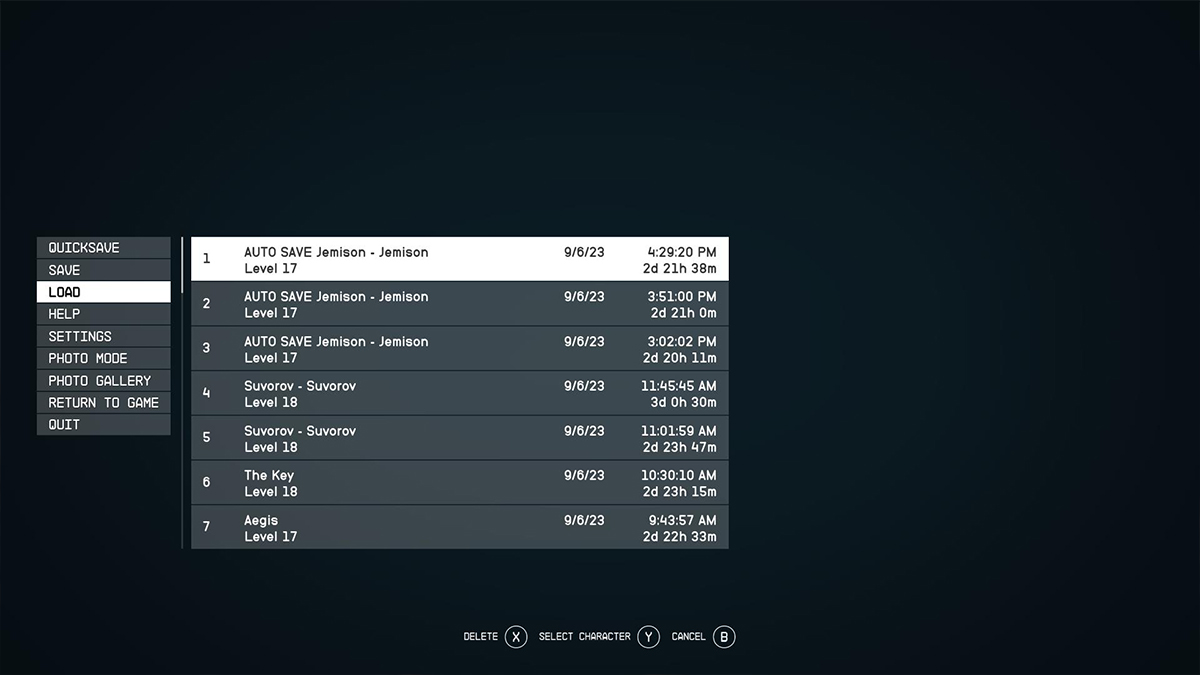 Screenshot of save load menu in Starfield.