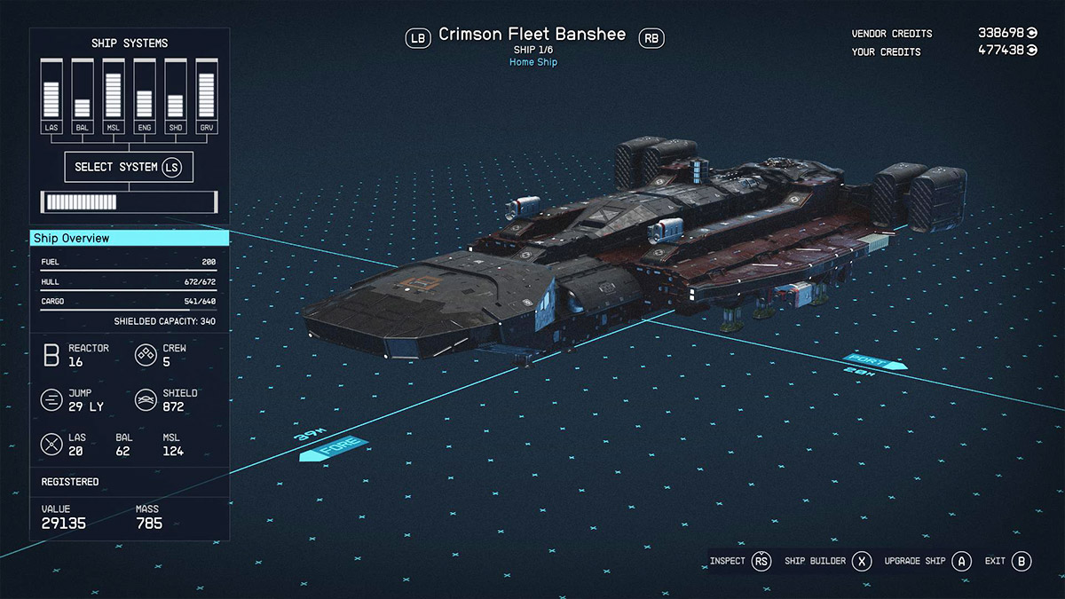 Screenshot of Ship Builder menu in Starfield.