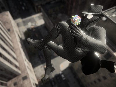 Peter Parker performing an air-trick in the noir costume in Marvel's Spider-Man 2