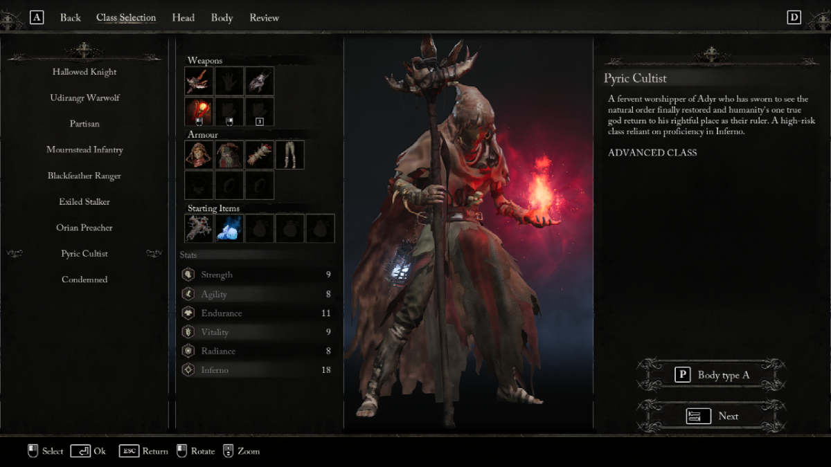 Screenshot of the Pyric Cultist class in Lords of the Fallen