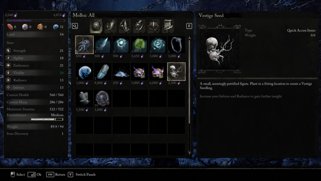 Screenshot of a Vestige Seeds menu item in Lords of the Fallen