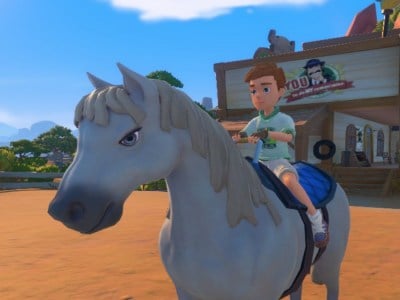 Player riding a horse in My Time at Sandrock