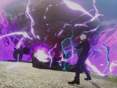 Jujutsu Kaisen Cursed Clash - a sorcerer stands before a purple maelstrom.