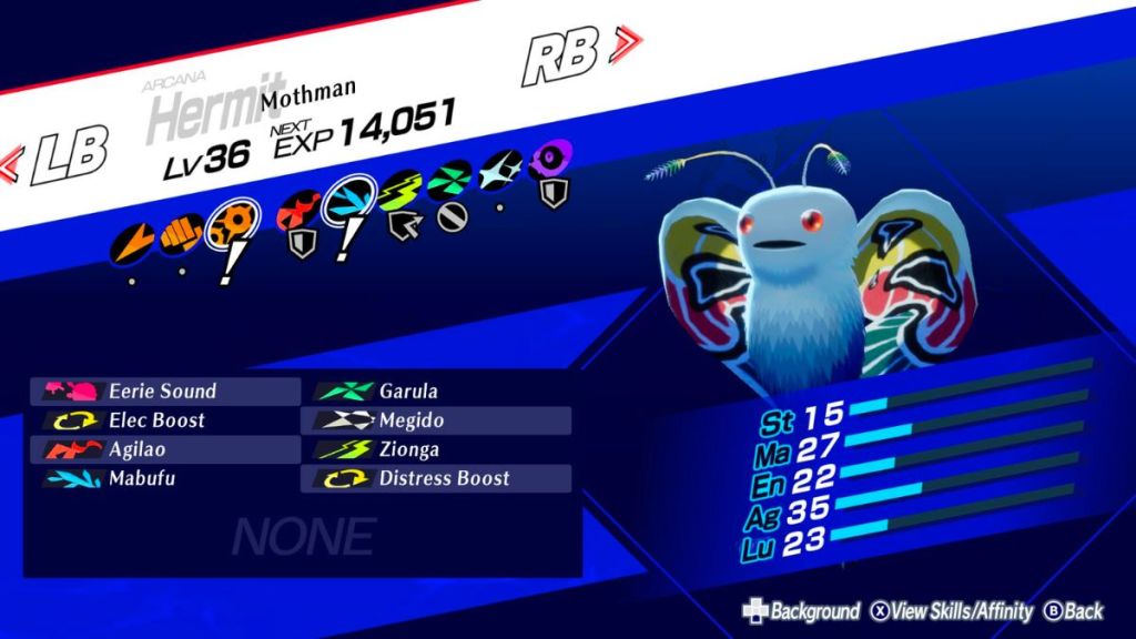 Screenshot of Mothman's stats in Persona 3 Reload