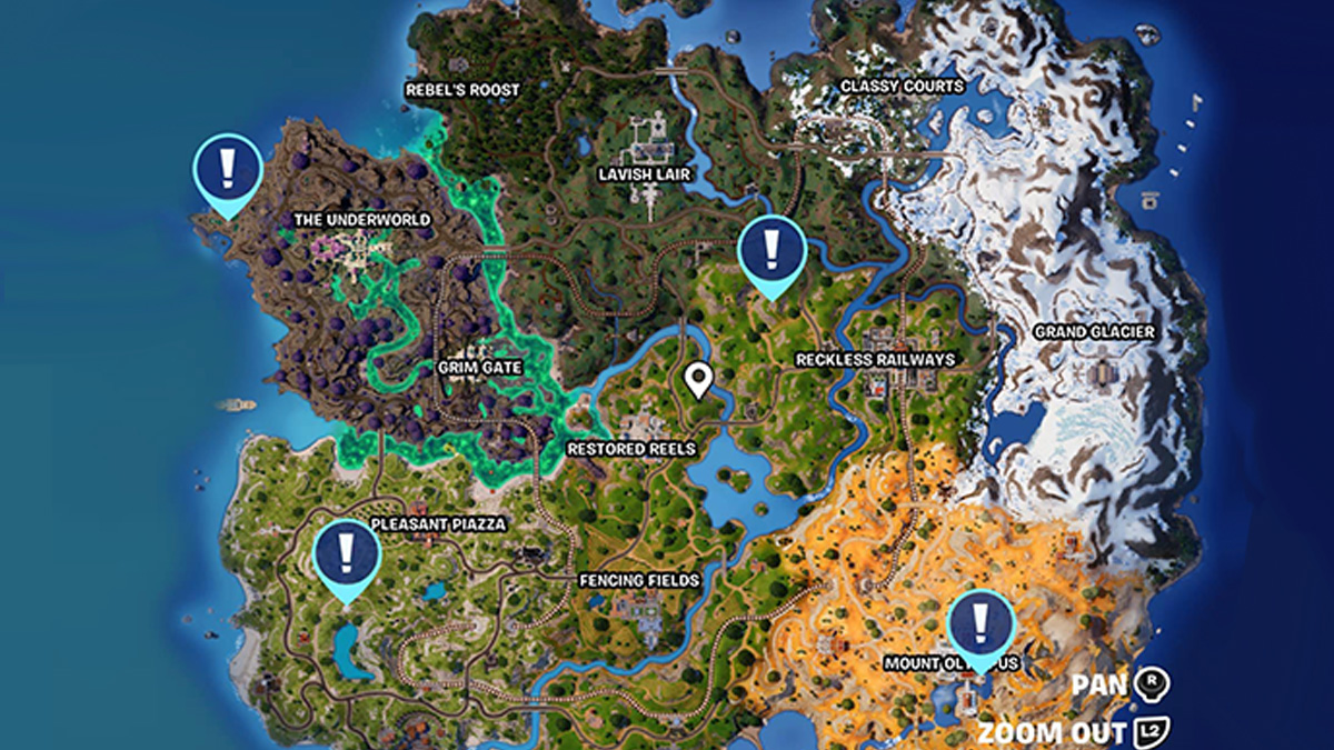 Capture d'écran des emplacements des Scrying Pools sur la carte Fortnite