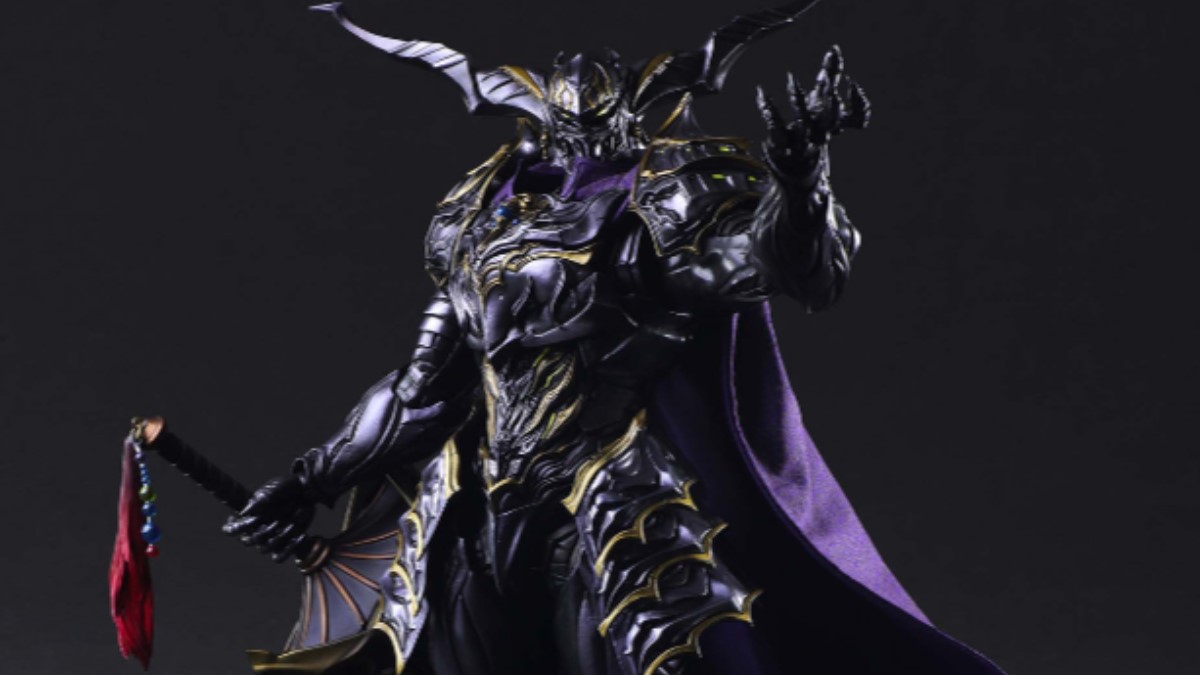 An artion figure of a dark armoured fugure with horns and a huge sword