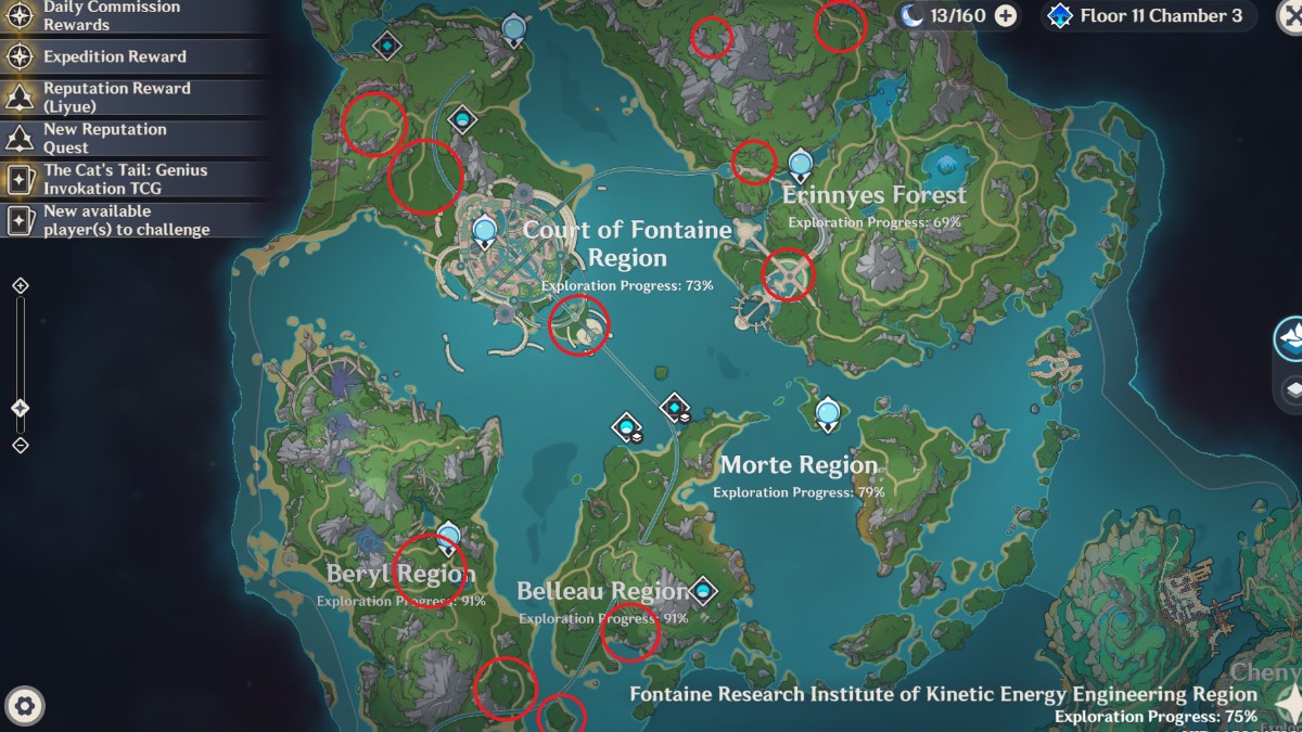 A map of Fontaine with the Rainbow Rose locations circled in red.