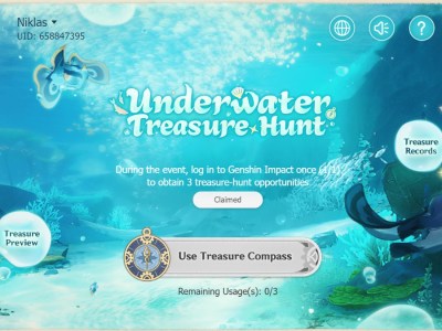 The Underwater Treasure Hunt event page, showing an underwater area with underwater creatures and a button with a compass on it.