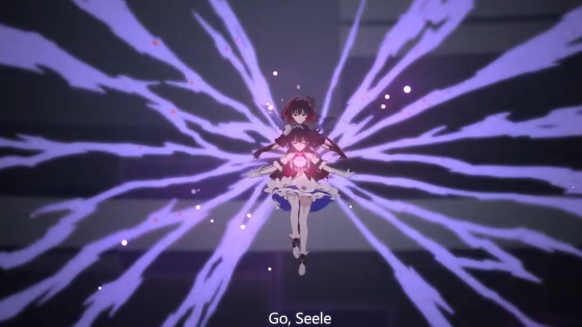 Seele is grasped by another version of her with smoke behind her forming butterfly wings
