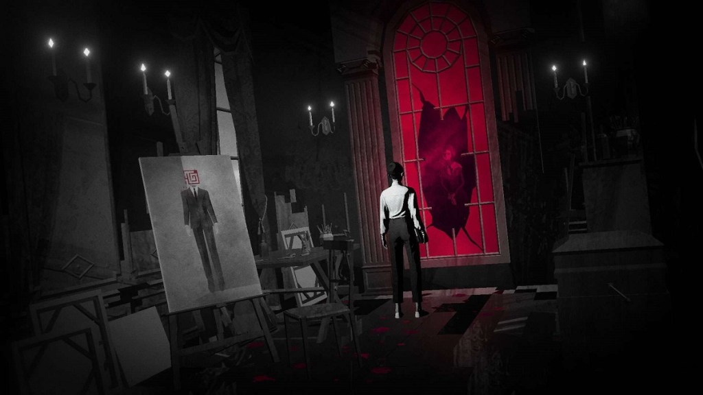 Screenshot from Lorelei and the Laser Eyes. A woman looks through a broken red window with canvases around her.