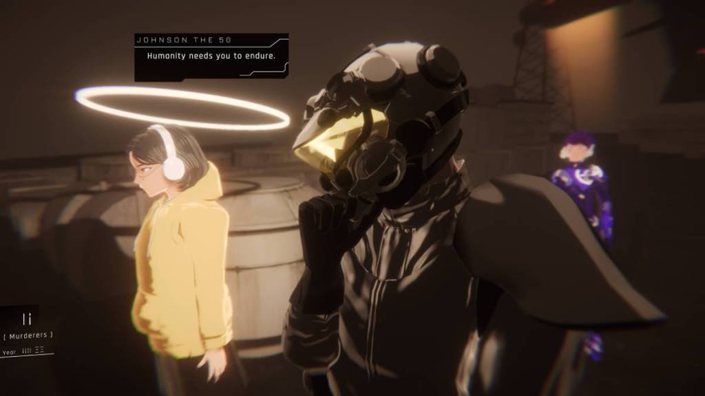 Screenshot from 1000xResist. A soldier is talking to Iris telling her to endure for the greater good, while Watcher observes. 