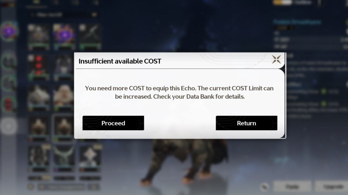 A pop up box informs the player that they have Insufficient Available Cost. "You need more COST to equip this Echo. the current COST Limit can be increased. Check your Data Bank for details."