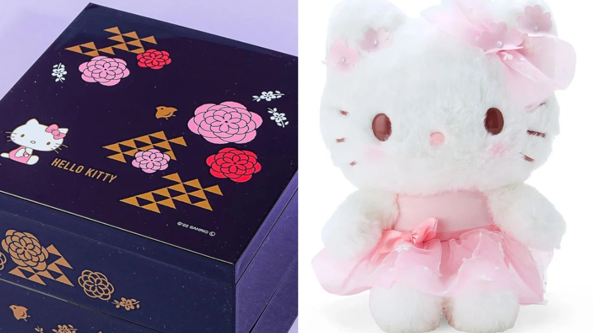 A Hello Kitty themed box and a fluffy Hello Kitty plush.
