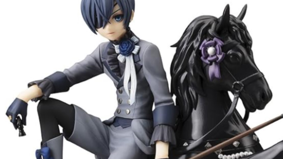 Ciel sits on a black horse