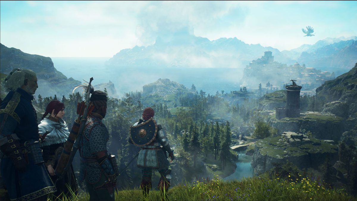 View of the world of Dragon's dogma 2: Player character and pawns looking over the vista
