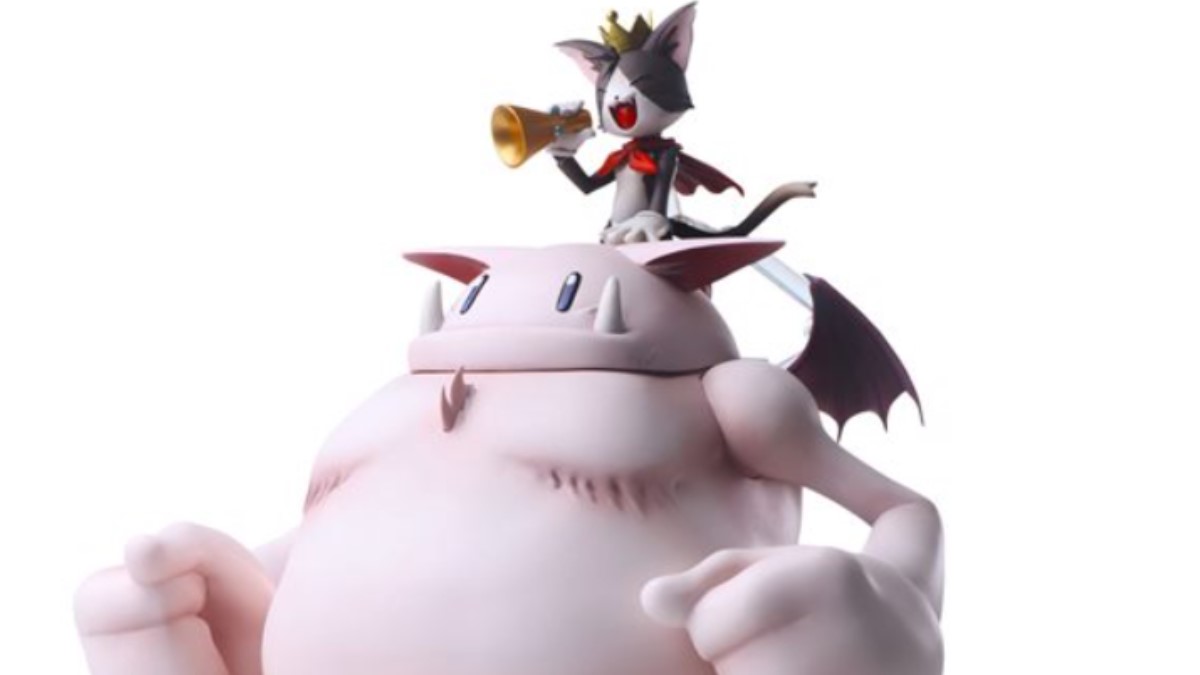 A Cait Siith sits atop a pink Moogle, shouting through a microphone