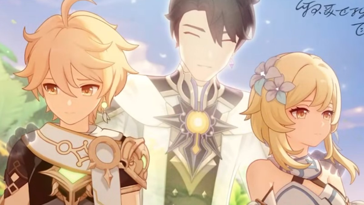 Caribert poses for a picture with Aether and Lumine, who both look miserable.