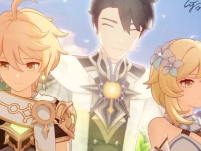 Caribert poses for a picture with Aether and Lumine, who both look miserable.