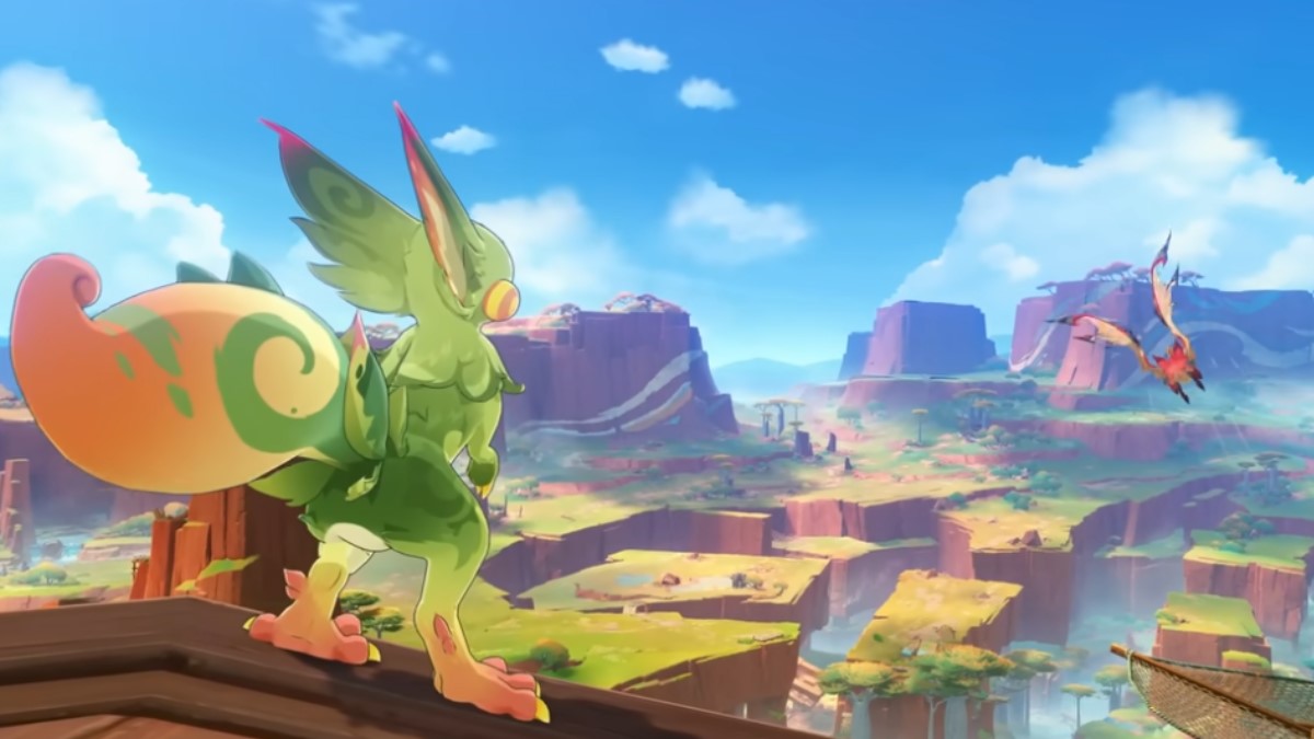 A green bird-like creature looks over a canyon.