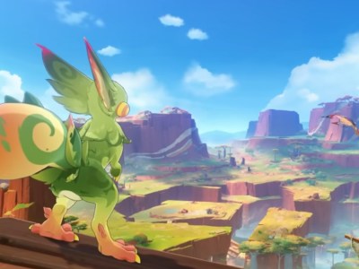 A green bird-like creature looks over a canyon.