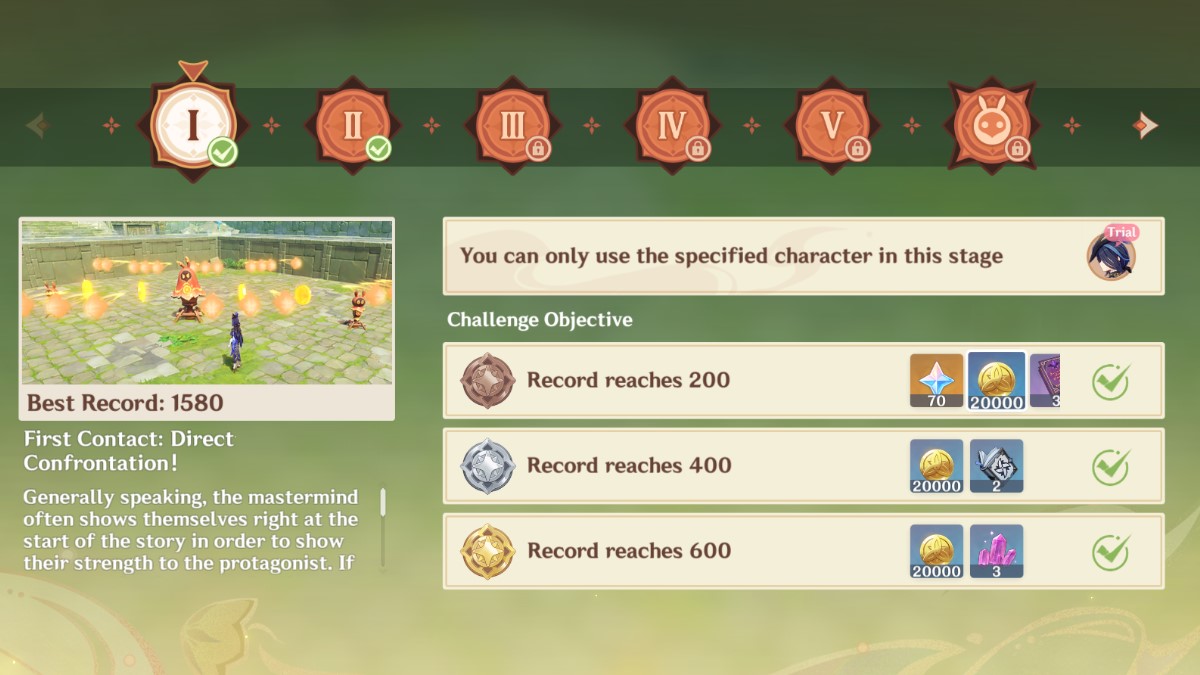 The stage selection screen with the rewards listed