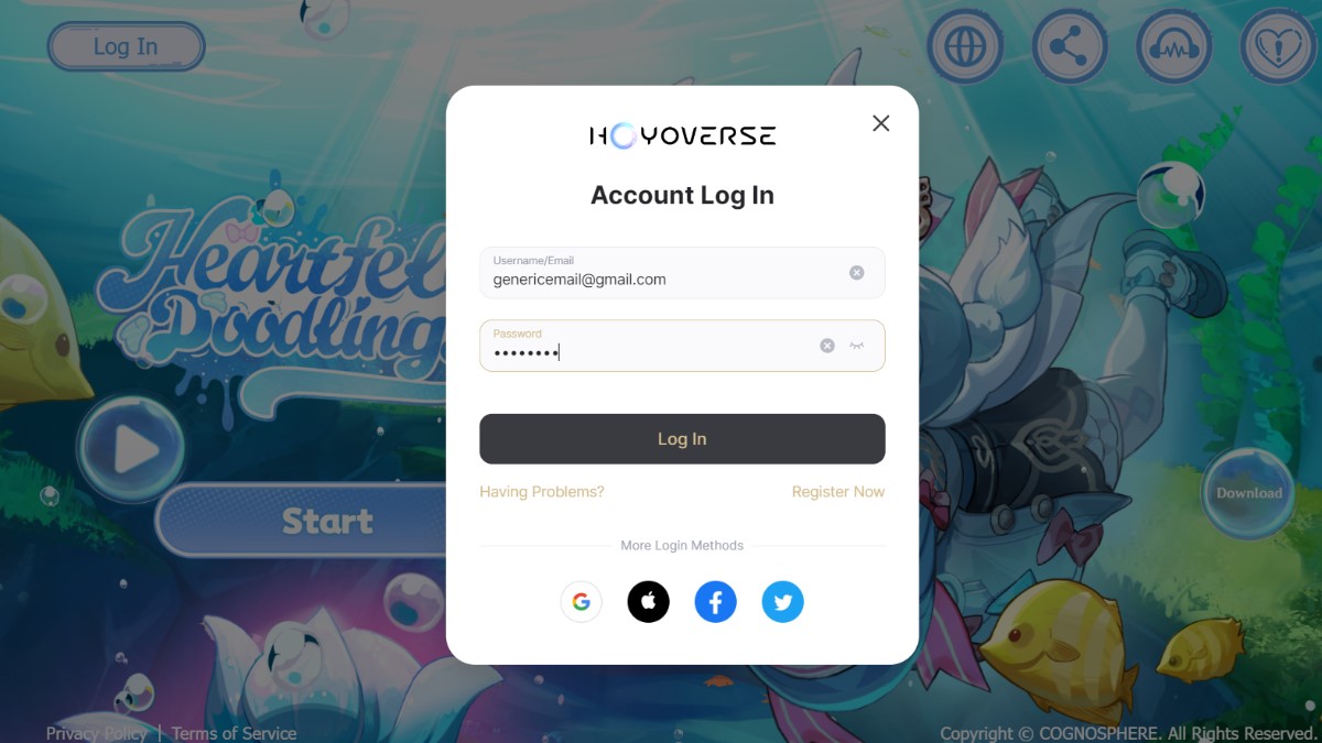 The log in screen to log into your HoYoVerse account