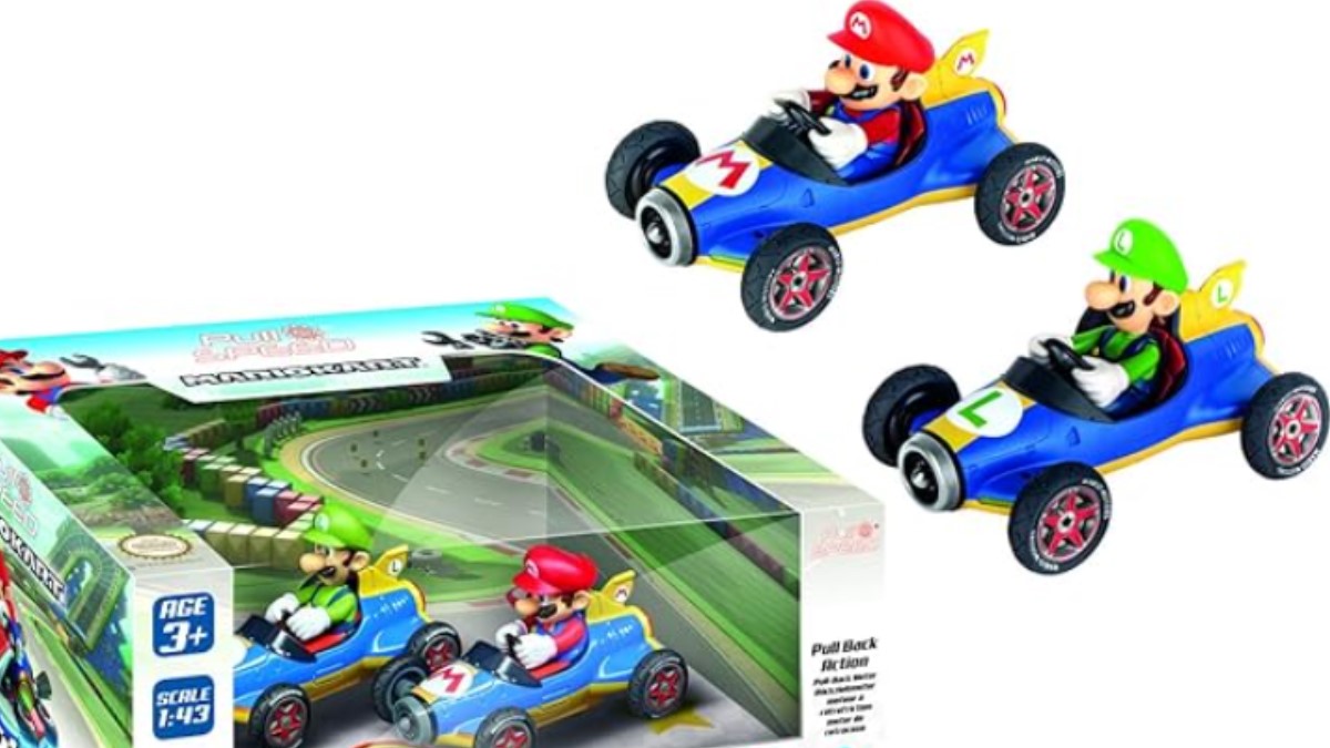 Mario and Luigi in two retro karts