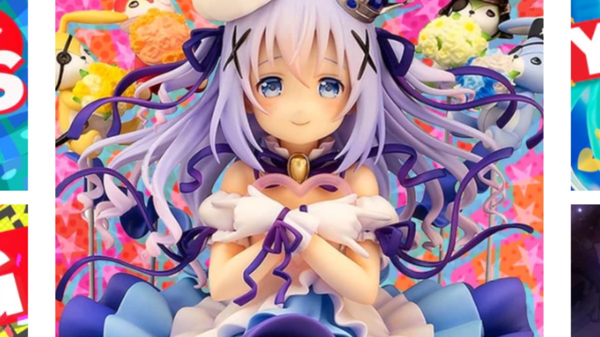 A magical figurine with pink clothes, white gloves, and purple hair.