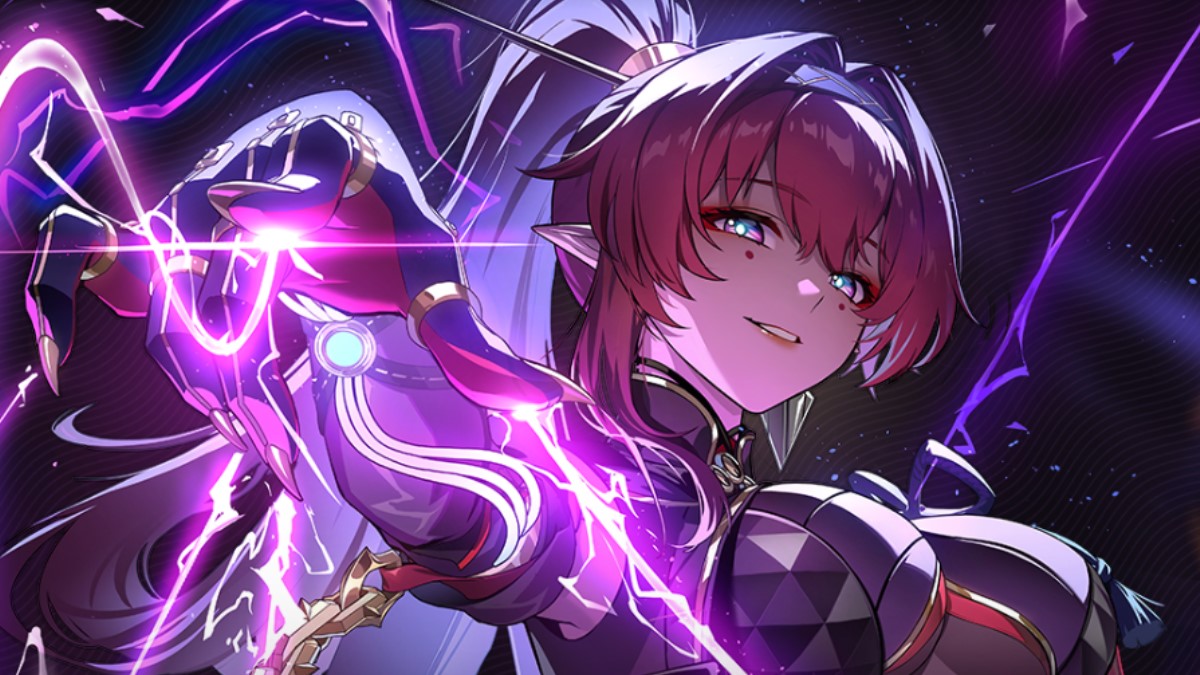 A red haired woman with purple lightning dancing in her hand.
