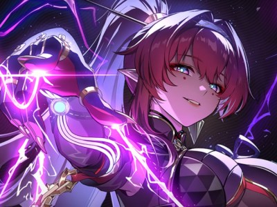 A red haired woman with purple lightning dancing in her hand.