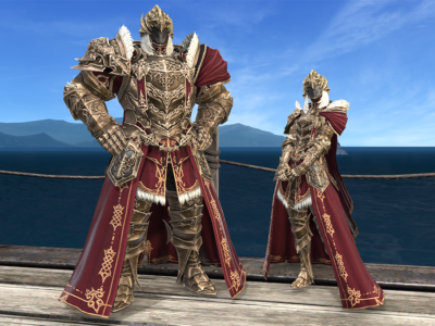 Image of the masculine and femme variations of the Fierce Tyrant's Attire from the PVP malmstone rewards 7.0 FFXIV dawntrail maintenance