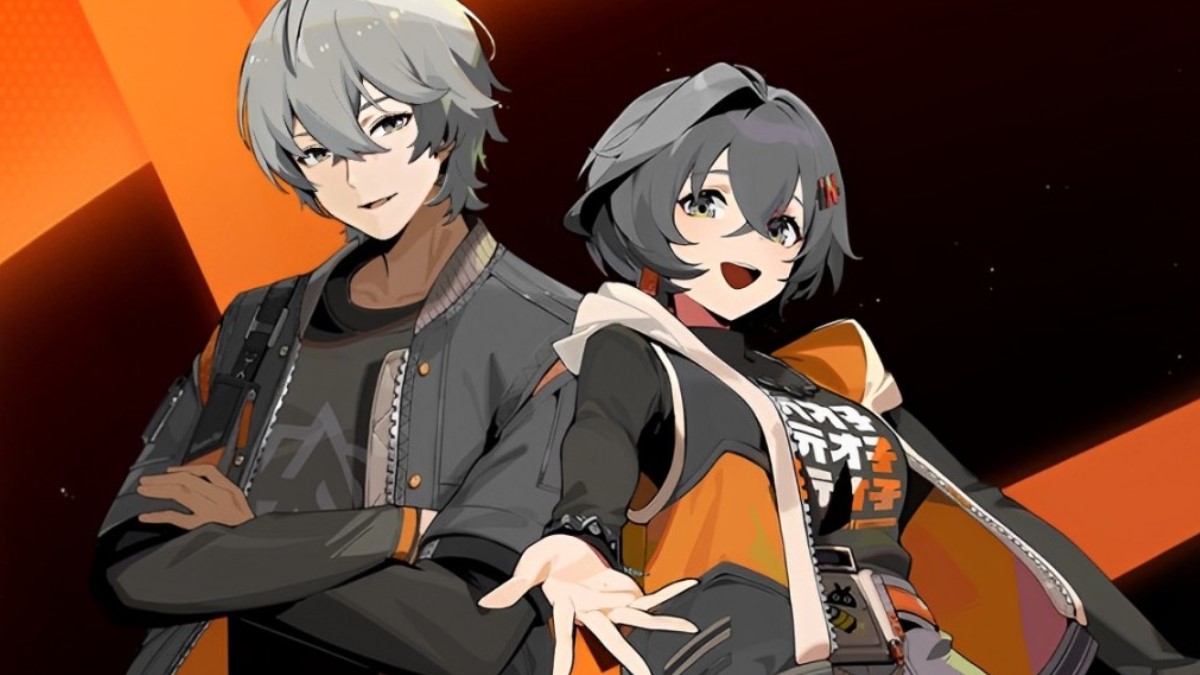 he protagonists of Zenless Zone Zero: a grey-haired man in a black sweater and a black-haired woman wearing a black and orange striped sweater.