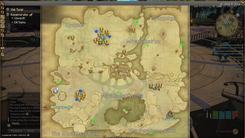 Kozama'uka map with the aether current locations and quests outlined in the colored dots.