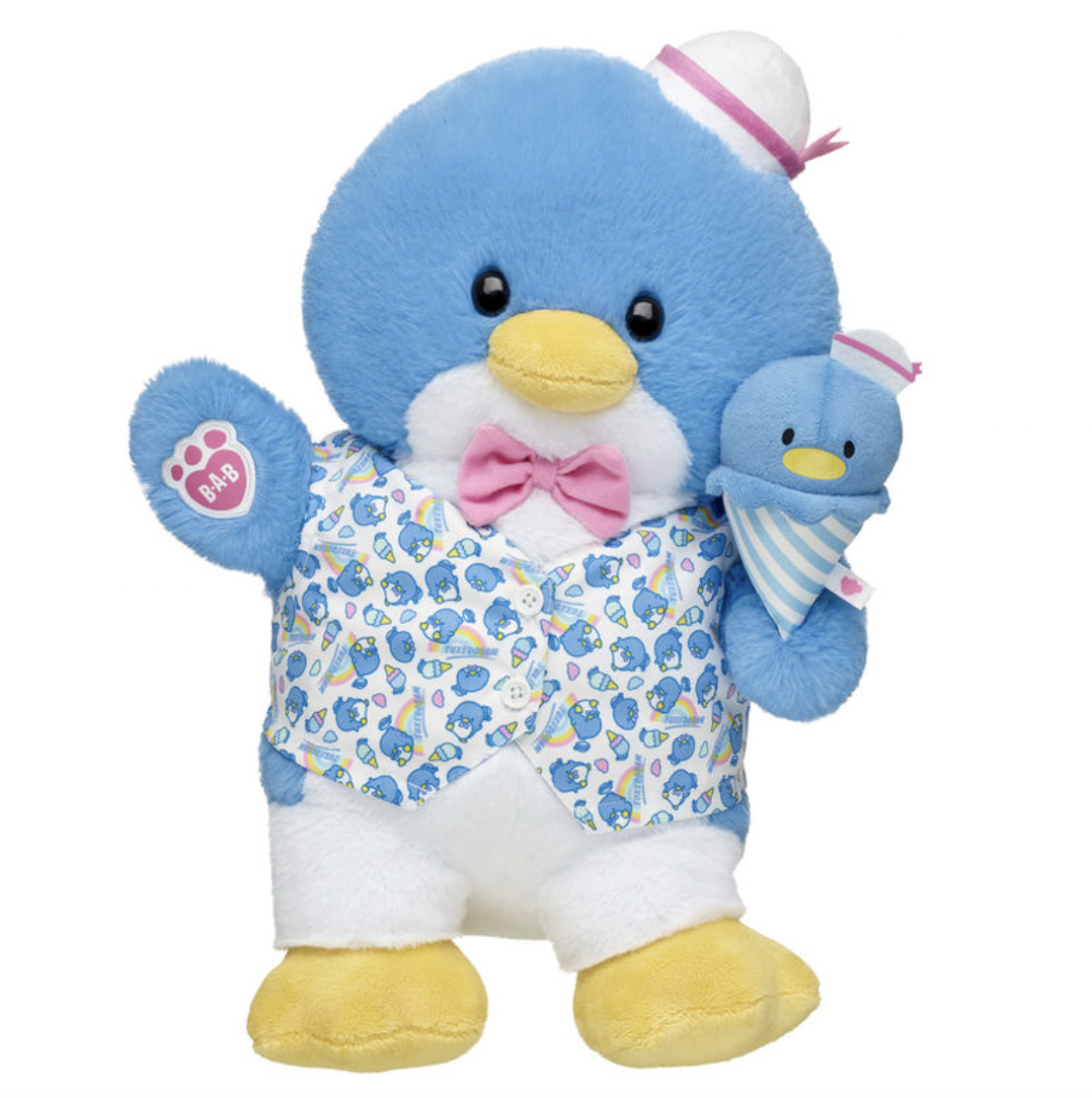 The newest Build-a-Bear Sanrio stuffed animal is a Tuxedosam plush that can be accompanied by his friend Chip.