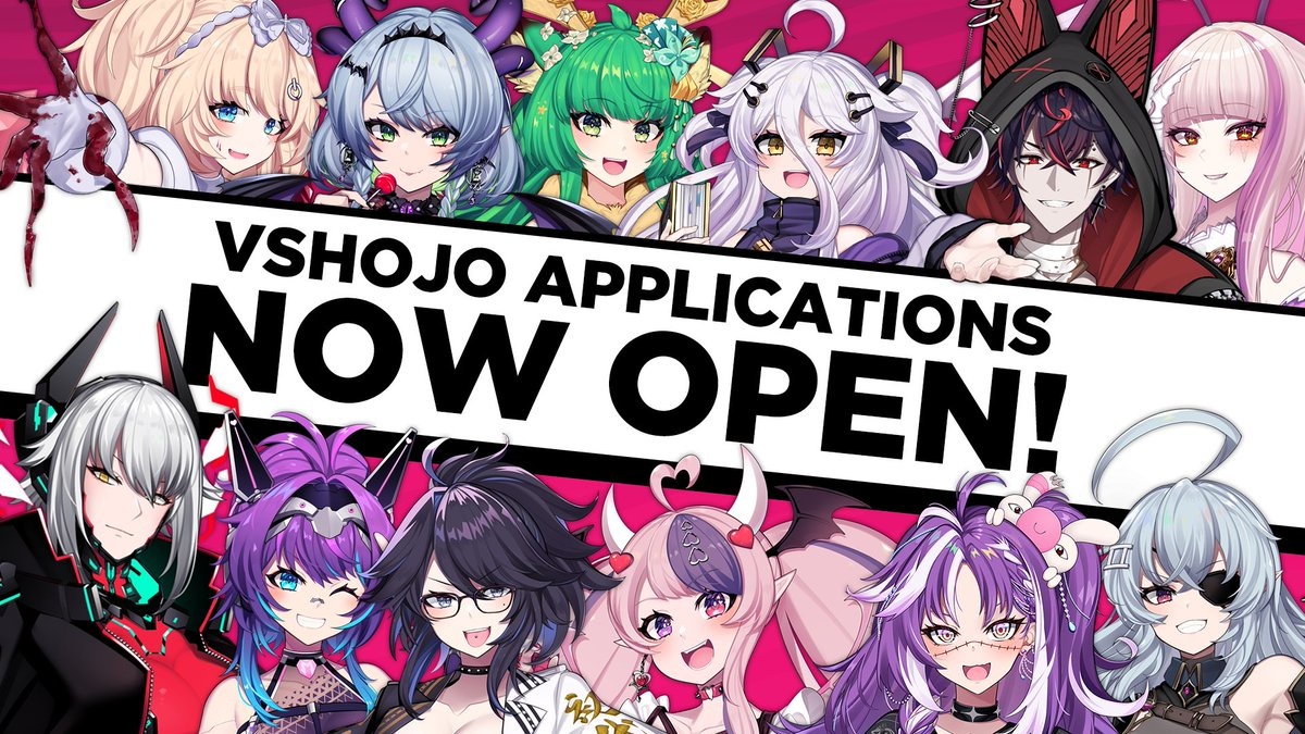 Banner Announcing Vshojo Auditon applications featuring many Vshojo talents like Kson, Ironmouse, and Henya