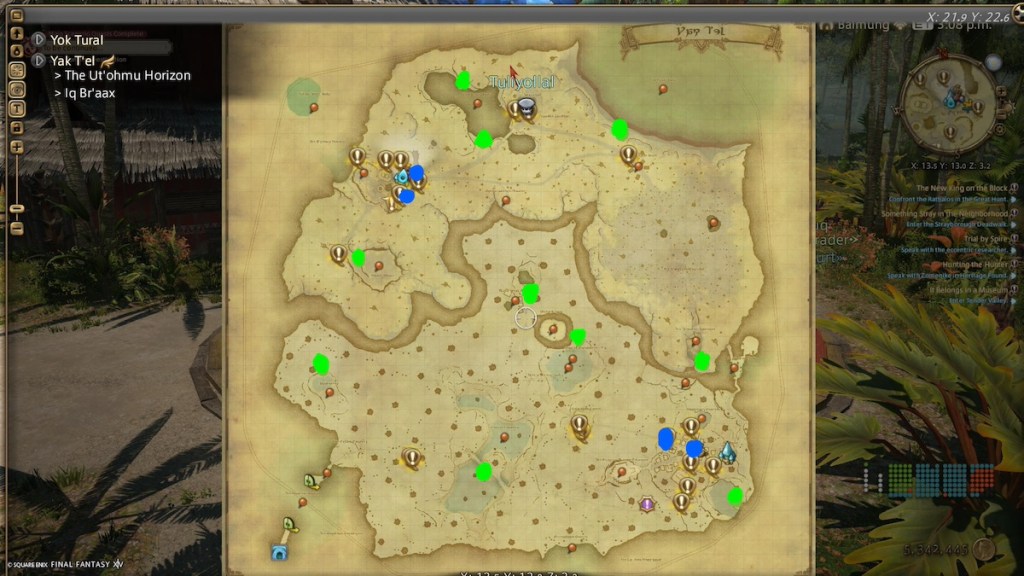 Map of Yak T'el with every Aether Current marked. Field in green and Quest in blue