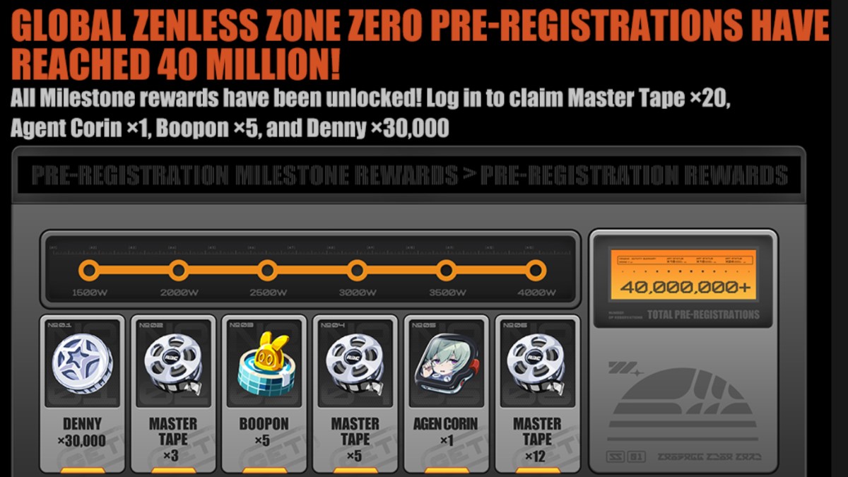 "Global Zenless Zone Zero Pre-Registrations have Reached 40 Million! All Milestore rewards have been unlocked!"