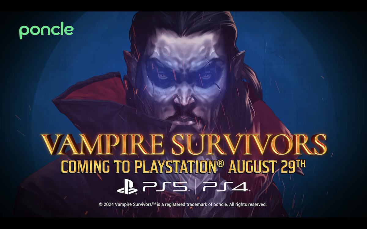 Vampire Survivors title image announcing release on PS4 and PS5, August 29