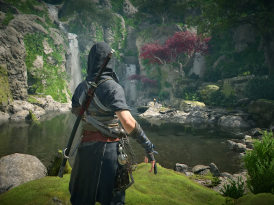 Assassin's Creed Shadows Screenshot of Naoe by a pool of water, thinking