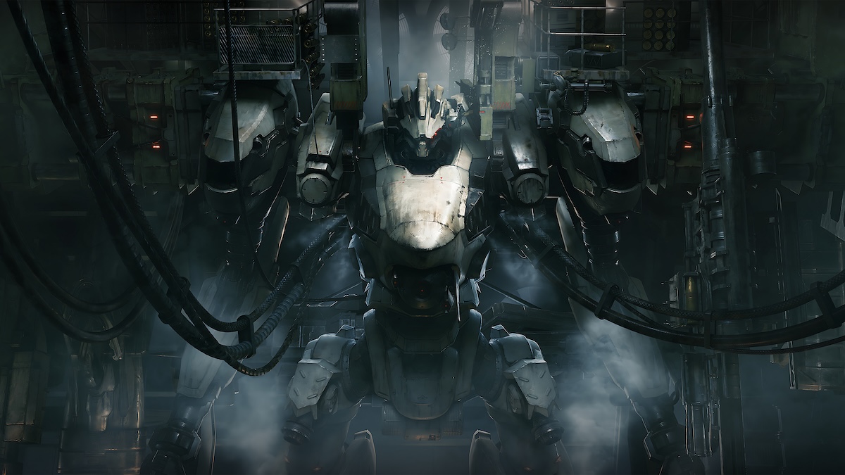 Image of an Armored Core under assembly in the hangar from Armored Core VI: Fires of Rubicon