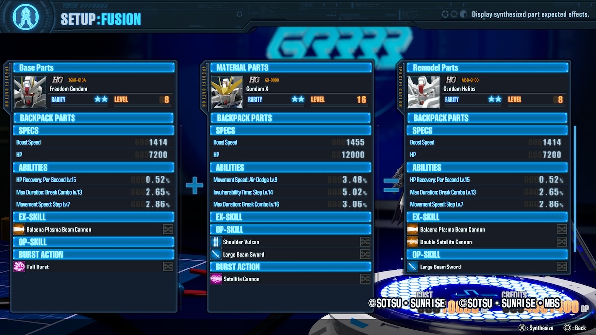 Full Derivation Synthesis Recipe in Gundam Breaker 4