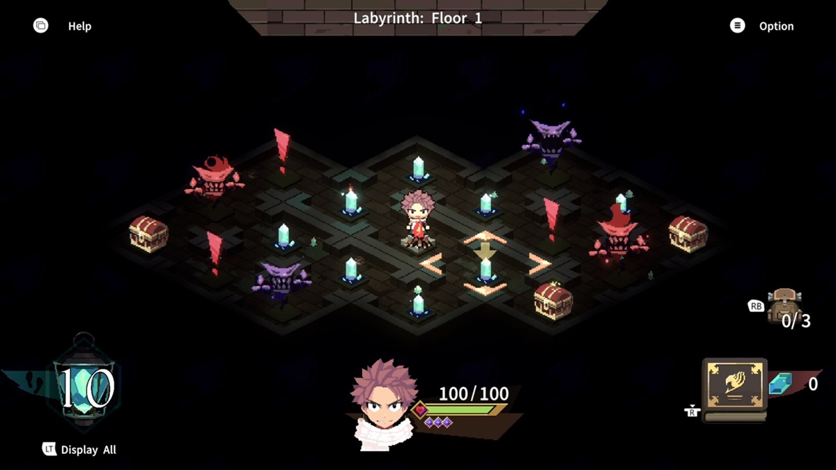  Dungeons - Natsu stands in the center of a dungeon, surrounded by lacrima, treasure chests, and monsters in every direction