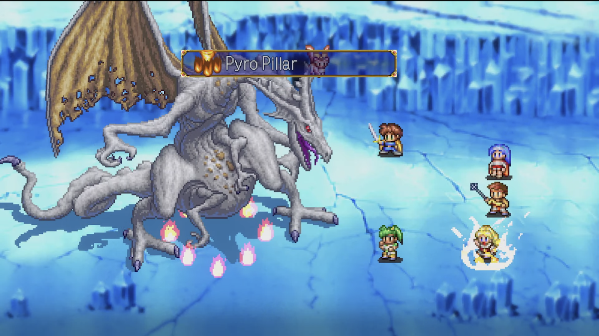 Lunar Remastered Collection: the Party members fight a strange shaped dragon on an icy backround