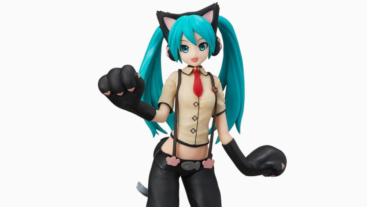 La figura del gato Hatsune Miku Kitty le da orejas de gato