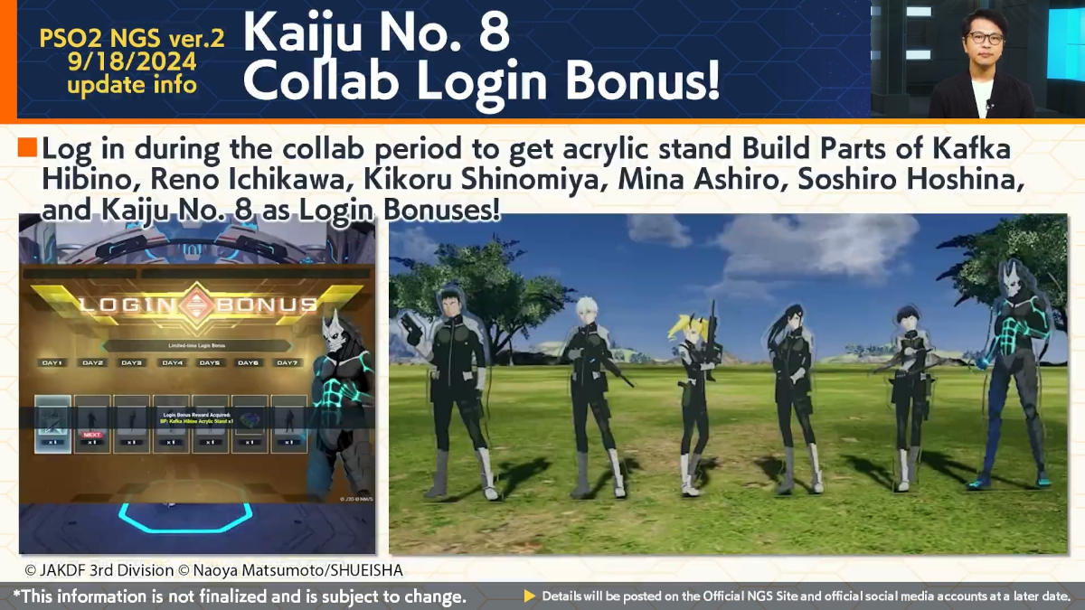 Phantasy Star Online 2 PSO2 New Genesis - Kaiju No 8 login bonuses